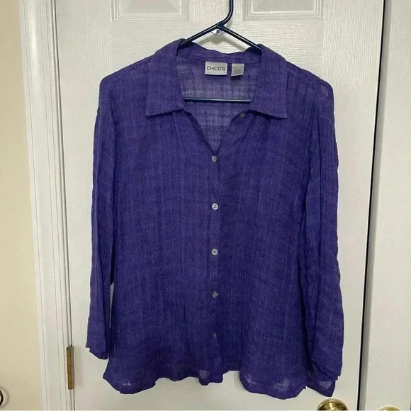 Beautiful Chico’s Sheer Purple Blouse Button Down Three-Quarter Length Sleeves - Picture 1 of 13